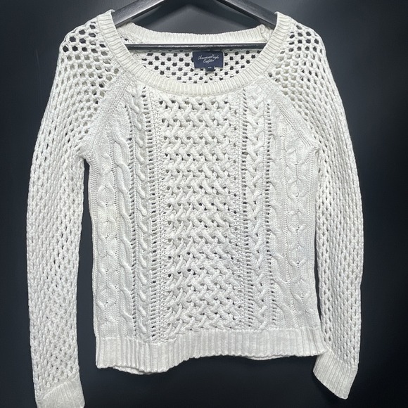 American Eagle Outfitters Sweaters - American Eagle Pullover Crocheted Cable Knit White Sweater M Cotton/Nylon/Wool
